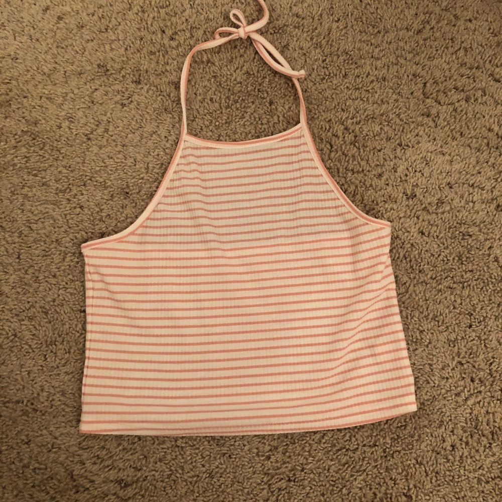 Pink and white striped shirt.